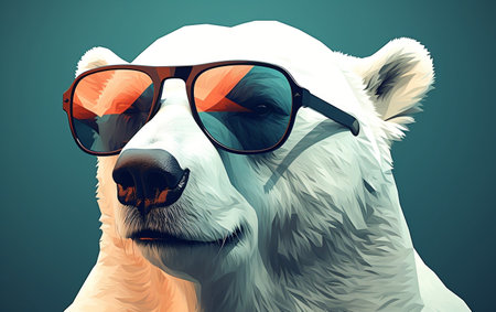 A polar bear sporting sunglasses against a solid background.の素材