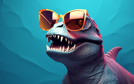 A dinosaur sporting sunglasses against a solid color backdropの素材