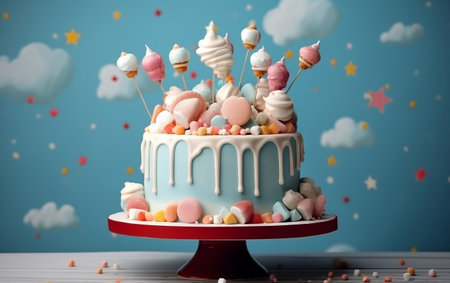 A vibrant and festive birthday cake adorned with colorful decorationsの素材