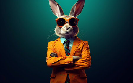 A stylish rabbit wearing a colorful suit and sunglassesの素材