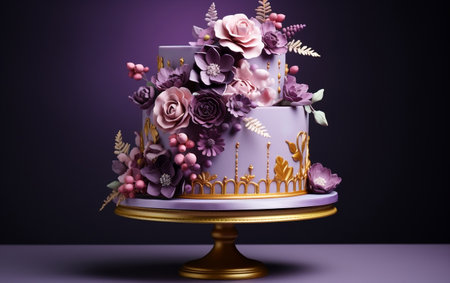 Elegant Wedding Cake Two-Tiered, Purple, and Golden Eleganceの素材