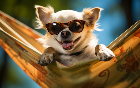 Adorable Chihuahua Relaxing in a Summer Hammock. Generative AIの素材