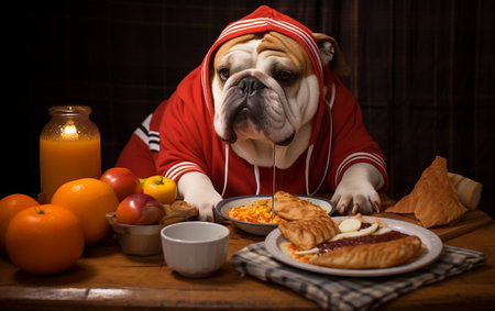 Bulldog Enjoying a Meal in a Tracksuit. Generative AIの素材
