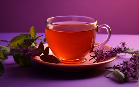 A professional photo of a cup of tea on a wooden tableの素材