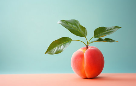 Vibrant and minimalist representation of a realistic peach on a solid background.の素材