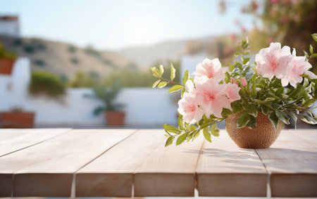 Wooden table with beautiful flowers on blurred background. Space for textの素材