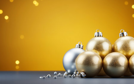 Golden Holiday Glow Christmas Decorations on a Yellow Backgroundの素材