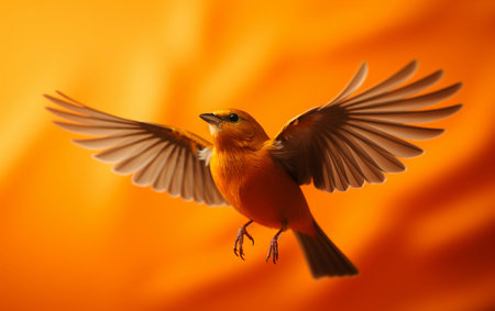 Tangerine Aviator Orange Bird Flying on Solid Orange Backgroundの素材