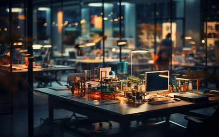 Evening Glow Soft-focus Office Workspace at Duskの素材