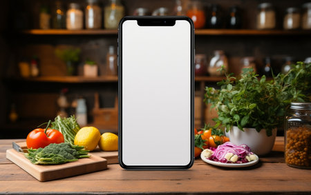 Minimalist Tech White-screen Smartphone Resting on Wooden Surfaceの素材