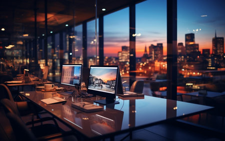 Evening Glow Soft-focus Office Workspace at Duskの素材