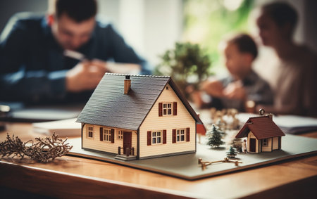Keys and Miniature House on Table Surfaceの素材