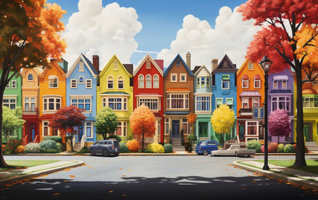 Suburban Neighborhood with Colorful Rowの素材