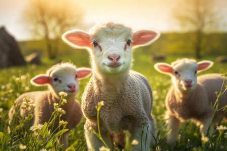 Close-Up: Shepherd Caring for Lambs in the Outdoor Settingの素材