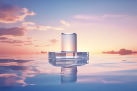Glass Podium Floating on the Tranquil Surface of Crystal Clear Waterの素材
