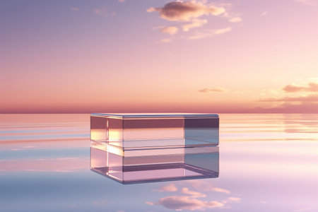 Glass Podium Floating on the Tranquil Surface of Crystal Clear Waterの素材