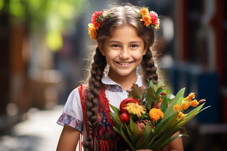 Cheerful Mexican Schoolgirl in Traditional Attire with a Smileの素材