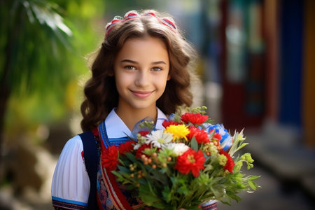 Cheerful Mexican Schoolgirl in Traditional Attire with a Smileの素材