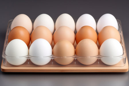 High-Quality Minimalist Stock Photography: Closeup of White Egg Among Brown Shell Eggs in a Clear Egg Trayの素材