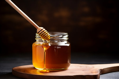 High-Quality Minimalist Stock Photography: Wooden Spoon of Honey and Closeup of Clear Manuka Honey Jarの素材