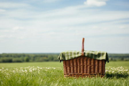 Weekend Family Picnic Basket in a Green Fieldの素材