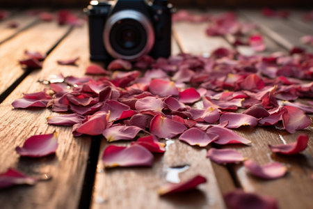 Realistic DSLR Photography of an Extreme Close-Up: Small, Empty Wooden Platform with Scattered Rose Petalsの素材