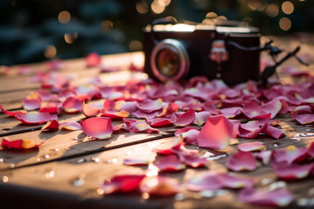 Realistic DSLR Photography of an Extreme Close-Up: Small, Empty Wooden Platform with Scattered Rose Petalsの素材