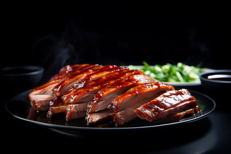 Realistic Closeup Minimalist Food Photography: Sliced Roasted Peking Duck on a Plateの素材