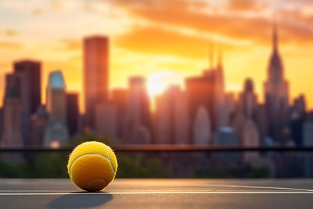 Tennis Banner Featuring a Yellow Tennis Ball on a Blurred Backgroundの素材