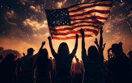 People celebrating the 4th of July with a flagの素材