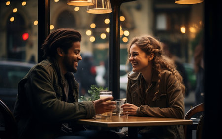 A photograph of a couple sitting at a cafeの素材