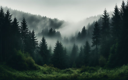 An incredible and mystical forest scene with rising fog among the treesの素材