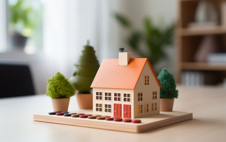 A calculator in the shape of a house on a white tableの素材