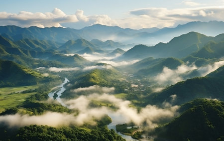 A foggy landscape in the jungle, with mist and canopyの素材