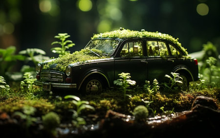 Vehicle Crafted from Lush Green Moss Amidst Sunlit Grassの素材