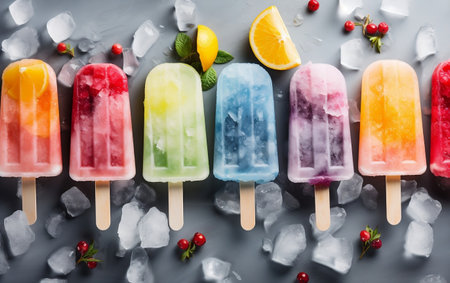 Vibrantly Colored Frozen Lollies on Icy Surfaceの素材