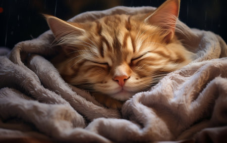 Cozy Cat Napping on Pillow Beneath Blanketの素材