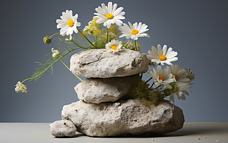 Chamomile Flowers on Stone Pedestal Serene Eleganceの素材