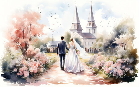 Detailed Watercolor Illustration of a Weddingの素材