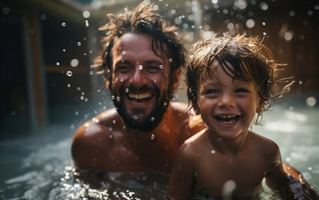 Joyful Moments: Dad Swimming and Playing with His Child.の素材