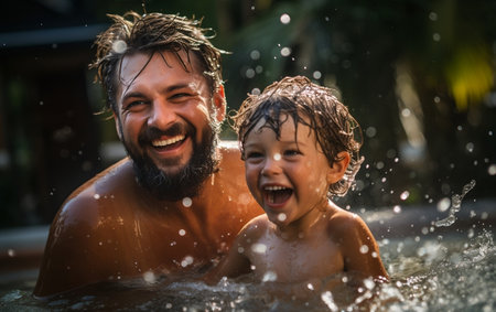 Joyful Moments: Dad Swimming and Playing with His Child.の素材