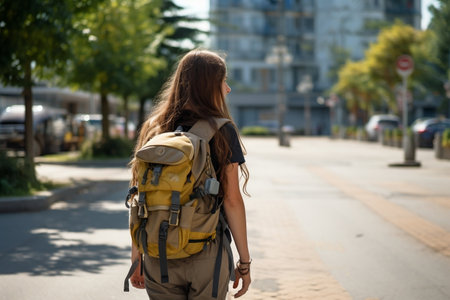 City Stroll: Girl Walking Down Sidewalk with Backpack.の素材