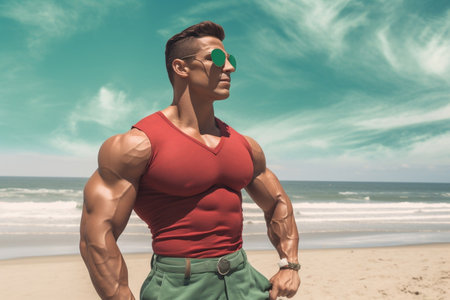 Beach Day Fitness: Muscular Man on the Shoreline.の素材