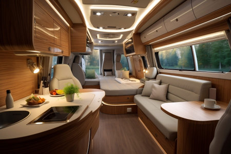 Luxury on Wheels: Tourist Camper Interior with Kitchen.の素材