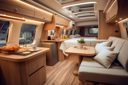 Luxury on Wheels: Tourist Camper Interior with Kitchen.の素材