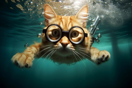 Feline Aquatics: A Cat in Glasses Takes the Plunge Underwater.の素材