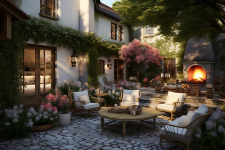 Country Charm: Exploring a Cozy Courtyard with a Patio in a Rustic Home.の素材