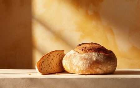 Contrast and Elegance: Bread on a Light Yellow Concrete Wall.の素材