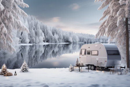 Snowy Tranquility - Lifelike Image of a Winter Forest and Frozen Lake.の素材
