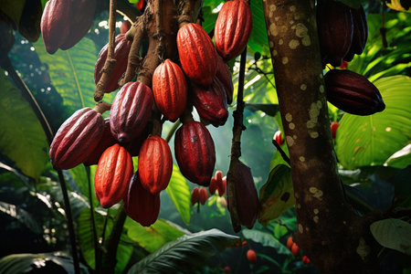 Ripe Cocoa Pods on the Cacao Plant Treeの素材